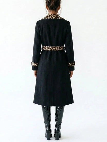 Black Double-Breasted Leopard Trim Trench Coat - Coats