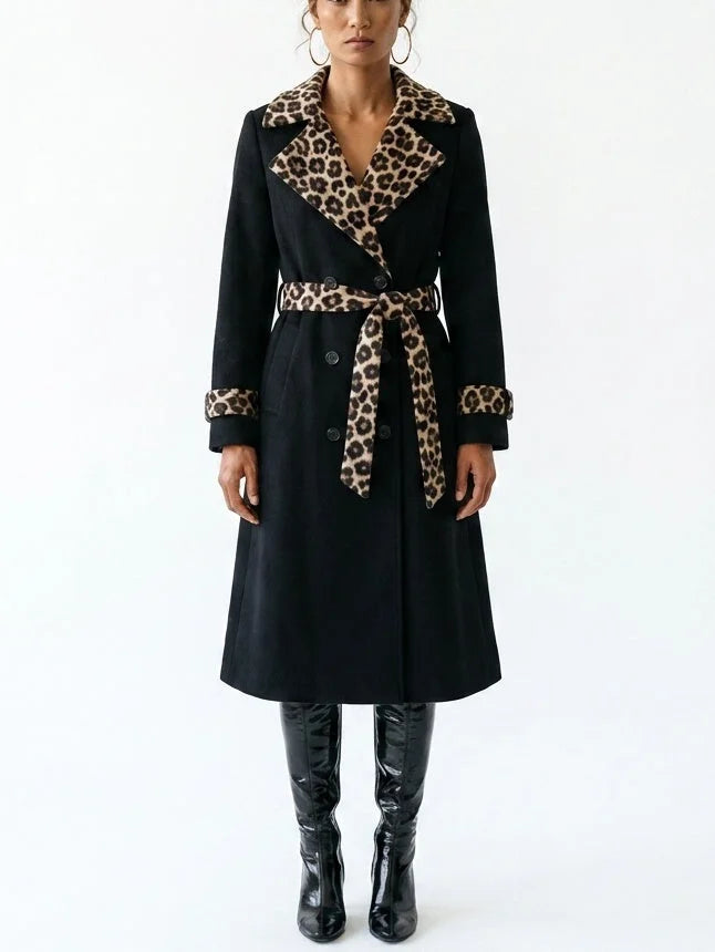 Black Double-Breasted Leopard Trim Trench Coat - Coats