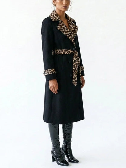 Black Double-Breasted Leopard Trim Trench Coat - Coats