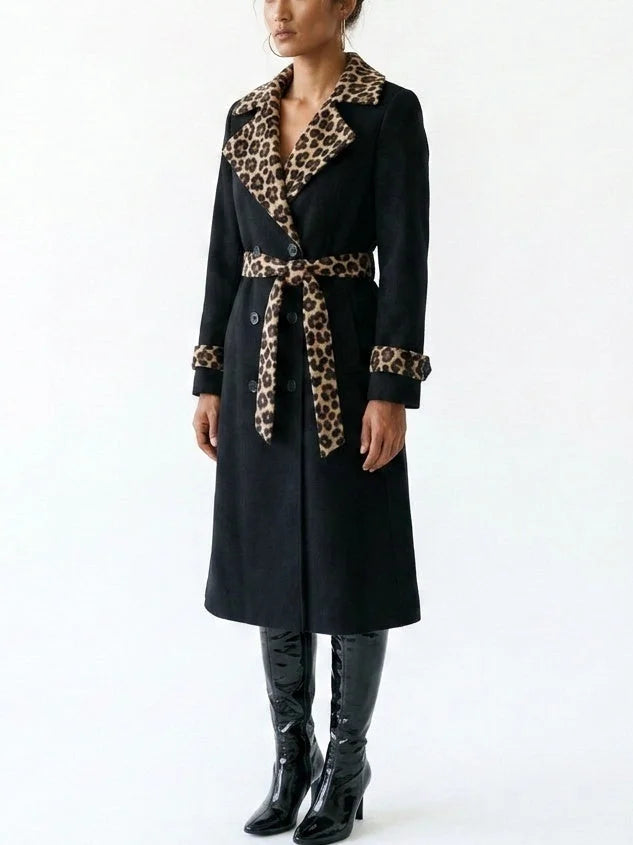 Black Double-Breasted Leopard Trim Trench Coat - Coats