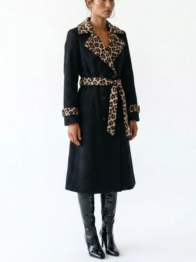 Black Double-Breasted Leopard Trim Trench Coat - Coats