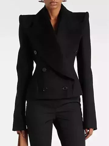 Black Double-Breasted Sculptured-Shoulder Jacket - Jackets