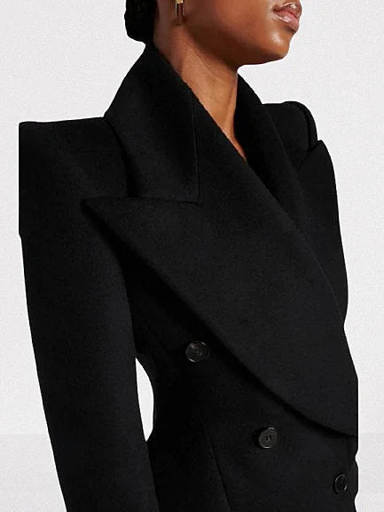 Black Double-Breasted Sculptured-Shoulder Jacket - Jackets