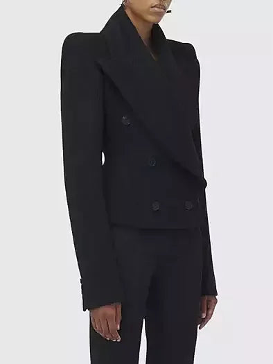 Black Double-Breasted Sculptured-Shoulder Jacket - Jackets