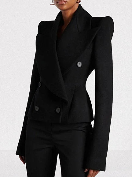 Black Double-Breasted Sculptured-Shoulder Jacket - Jackets