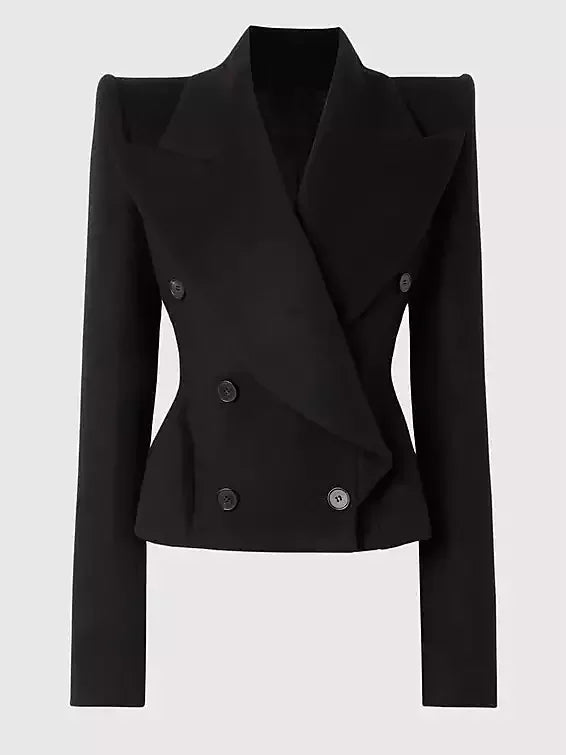 Black Double-Breasted Sculptured-Shoulder Jacket - Jackets