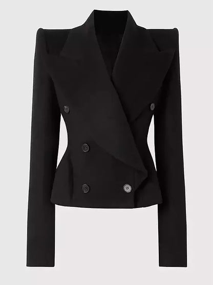 Black Double-Breasted Sculptured-Shoulder Jacket - Jackets