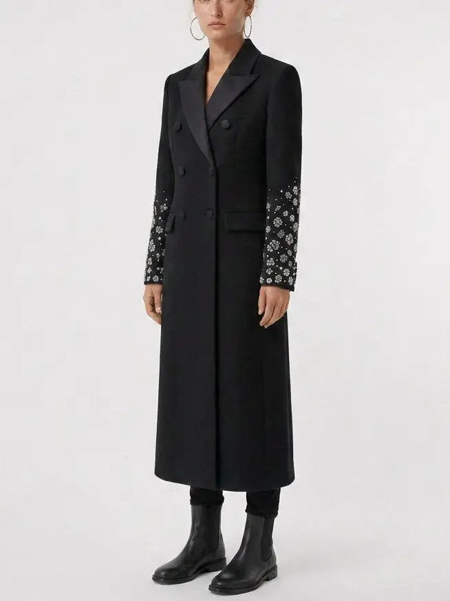 Black Double Breasted Embellished Sleeve Cashmere Coat - Coats