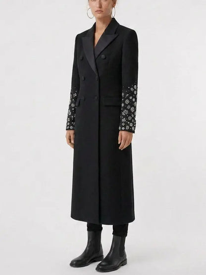 Black Double Breasted Embellished Sleeve Cashmere Coat - Coats