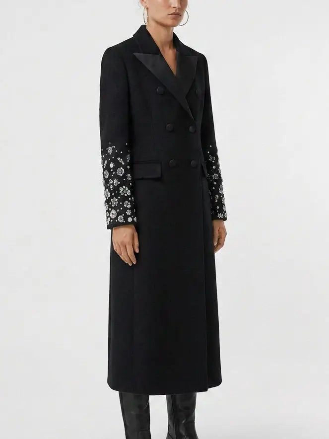 Black Double Breasted Embellished Sleeve Cashmere Coat - Coats