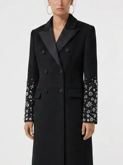 Black Double Breasted Embellished Sleeve Cashmere Coat - Coats
