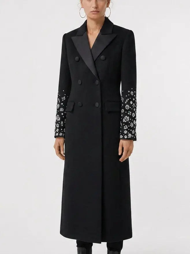 Black Double Breasted Embellished Sleeve Cashmere Coat - Coats