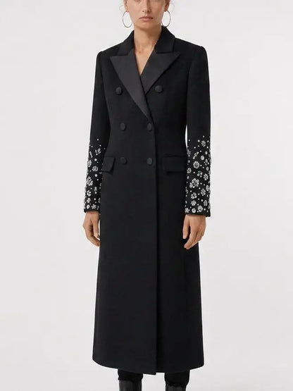 Black Double Breasted Embellished Sleeve Cashmere Coat - Coats