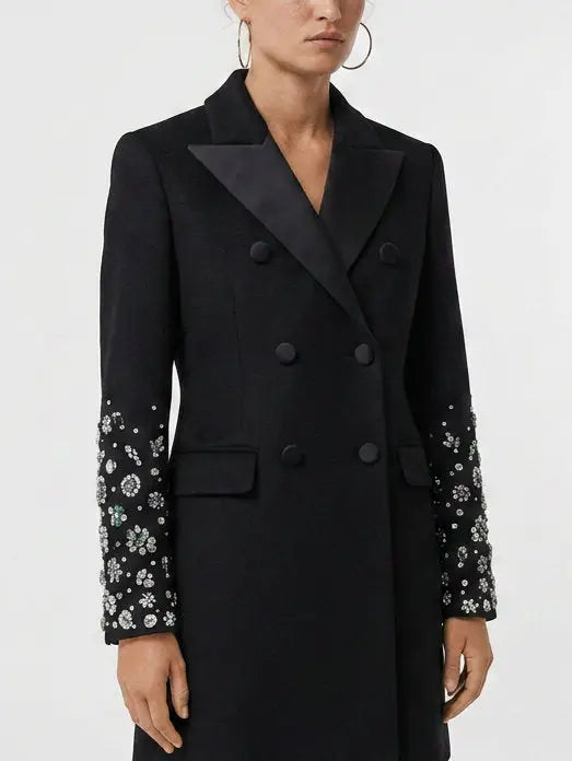 Black Double Breasted Embellished Sleeve Cashmere Coat - Coats