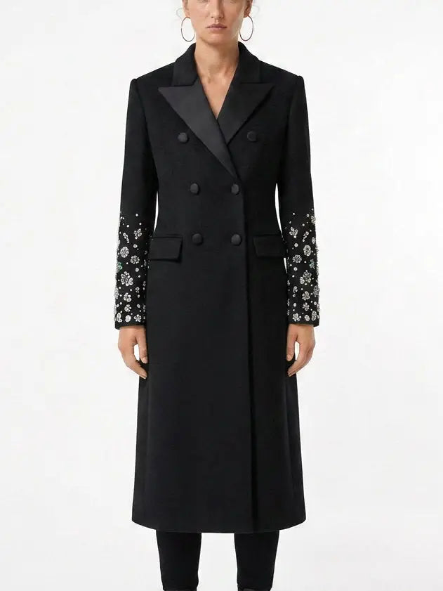 Black Double Breasted Embellished Sleeve Cashmere Coat - Coats