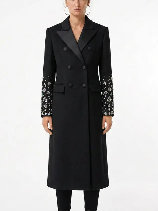 Black Double Breasted Embellished Sleeve Cashmere Coat - Coats