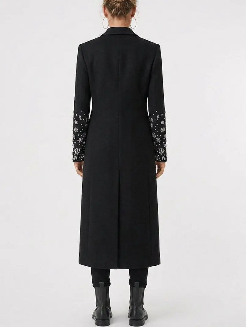 Black Double Breasted Embellished Sleeve Cashmere Coat - Coats