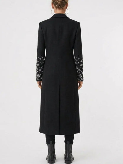 Black Double Breasted Embellished Sleeve Cashmere Coat - Coats
