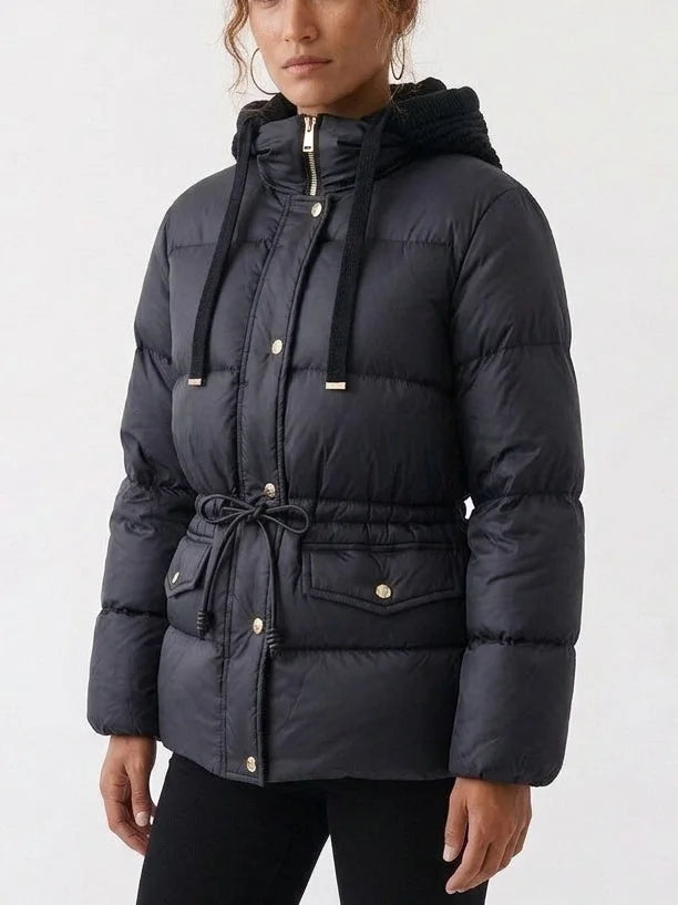 Black Down Jacket with Knit Hood and Drawstring Waist - Jackets