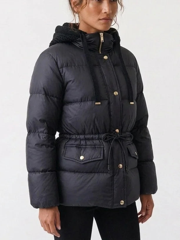 Black Down Jacket with Knit Hood and Drawstring Waist - Jackets