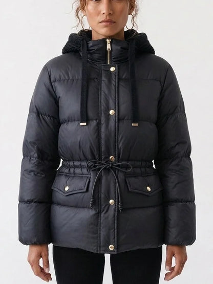 Black Down Jacket with Knit Hood and Drawstring Waist - Jackets