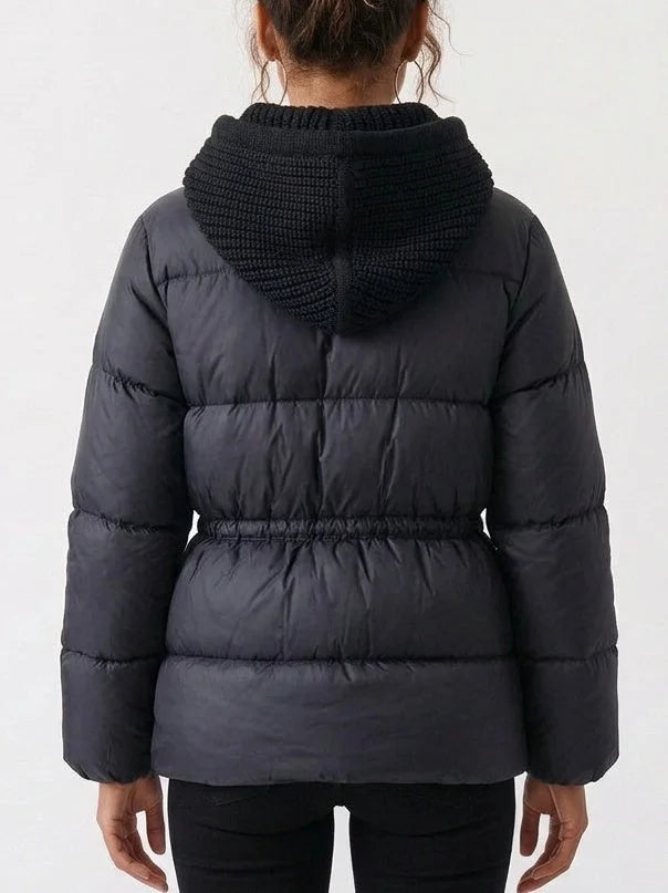 Black Down Jacket with Knit Hood and Drawstring Waist - Jackets