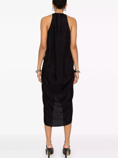 Black Draped V-Neck Sleeveless Midi Dress