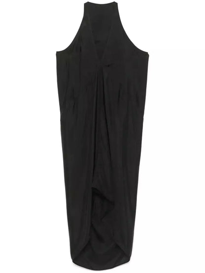 Black Draped V-Neck Sleeveless Midi Dress