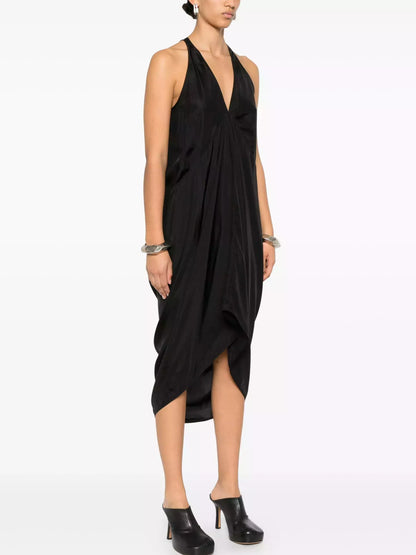 Black Draped V-Neck Sleeveless Midi Dress