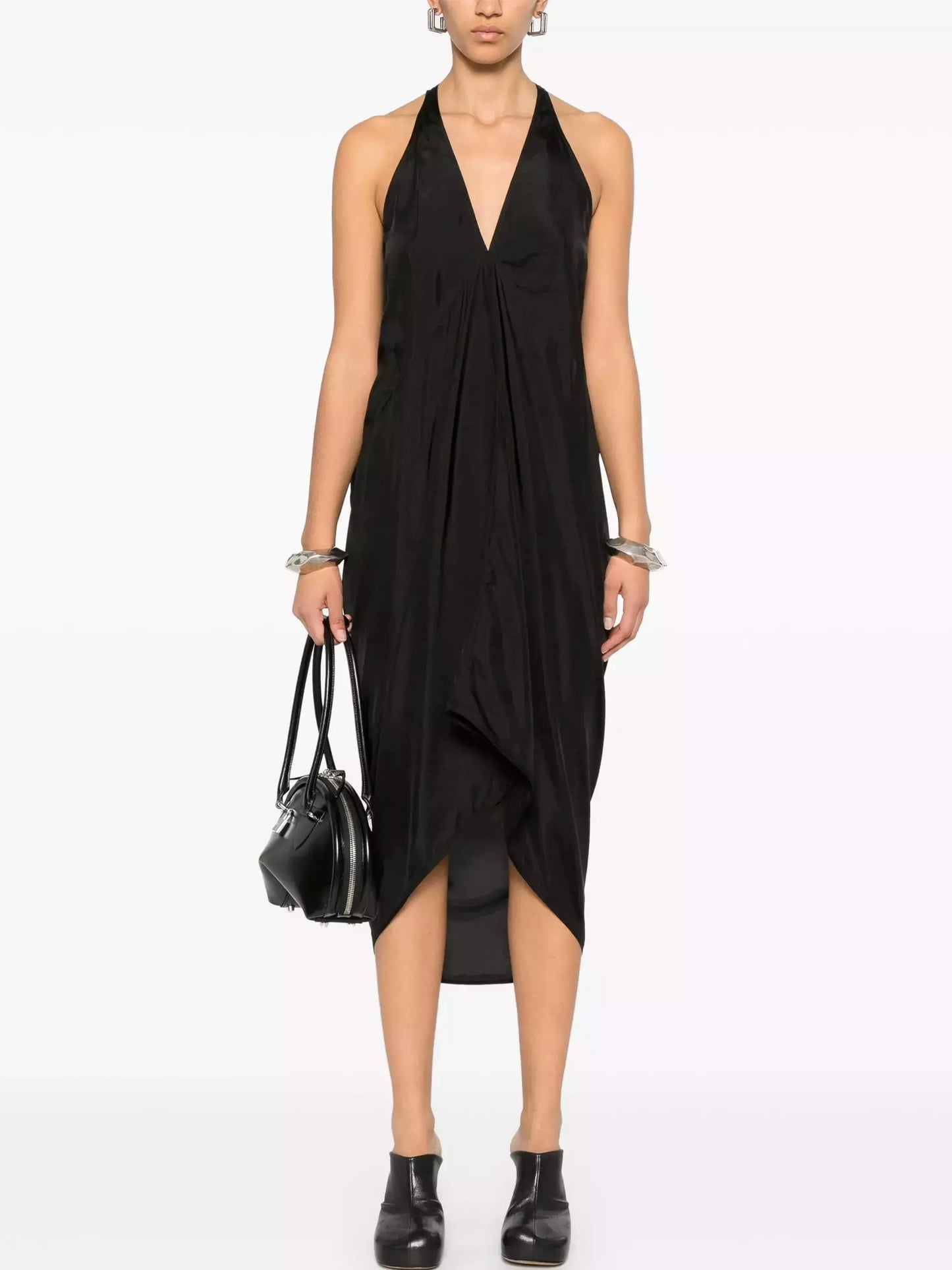 Black Draped V-Neck Sleeveless Midi Dress