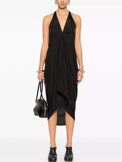 Black Draped V-Neck Sleeveless Midi Dress