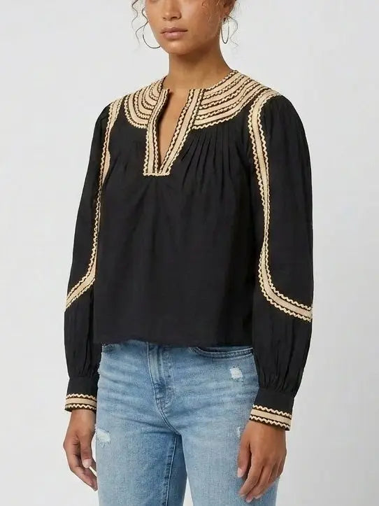 Black Embroidered Cotton Blouse with Contrast Trim - Tops