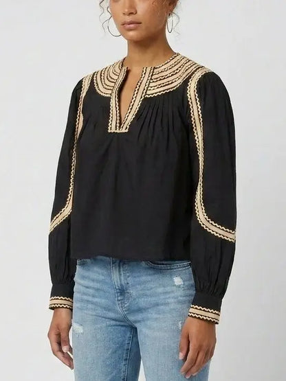 Black Embroidered Cotton Blouse with Contrast Trim - Tops