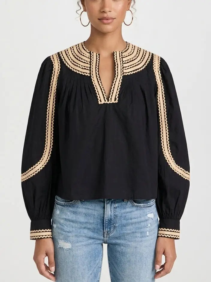 Black Embroidered Cotton Blouse with Contrast Trim - Tops