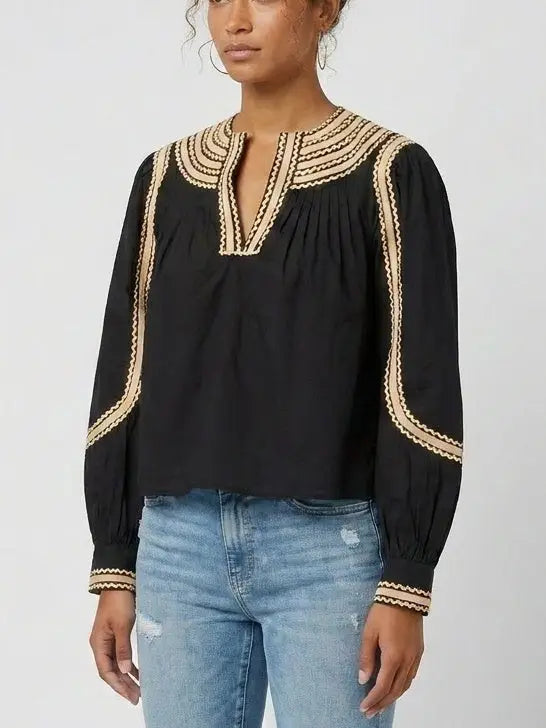Black Embroidered Cotton Blouse with Contrast Trim - Tops