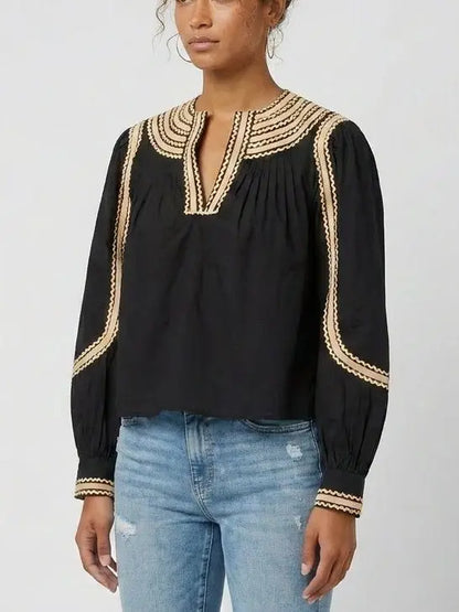 Black Embroidered Cotton Blouse with Contrast Trim - Tops