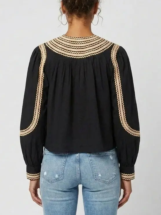 Black Embroidered Cotton Blouse with Contrast Trim - Tops