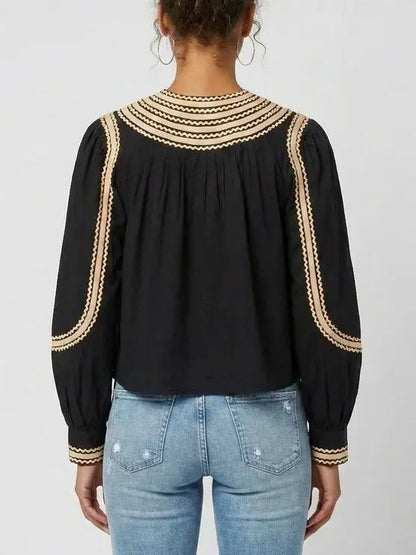 Black Embroidered Cotton Blouse with Contrast Trim - Tops