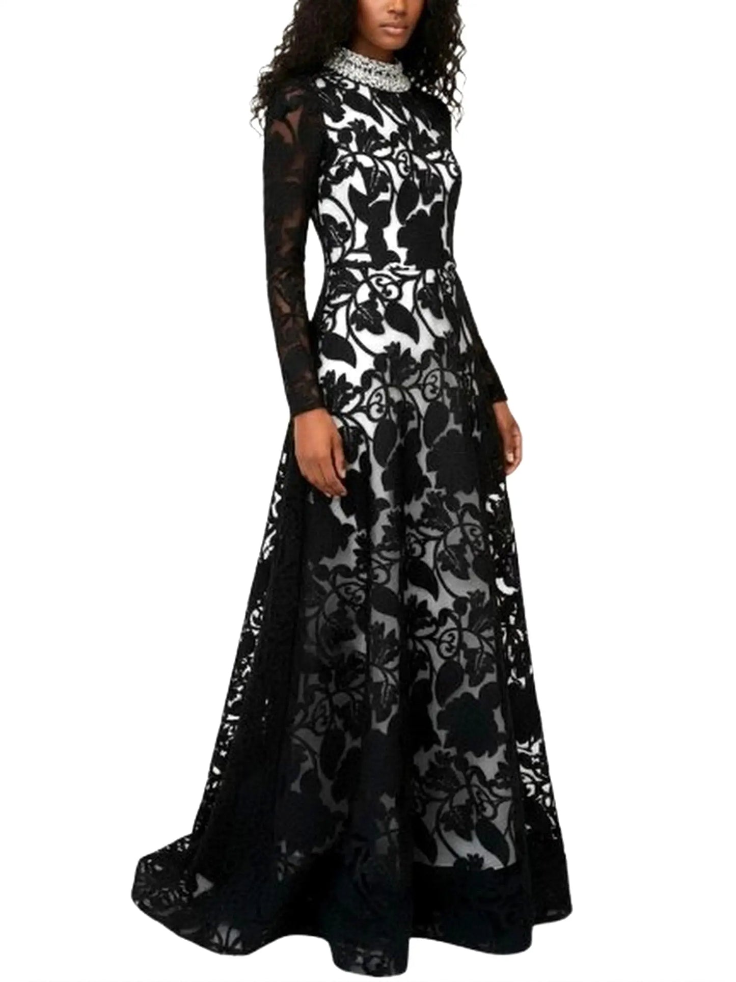 Black Embroidered Lace Gown with Crystal Collar - Dresses