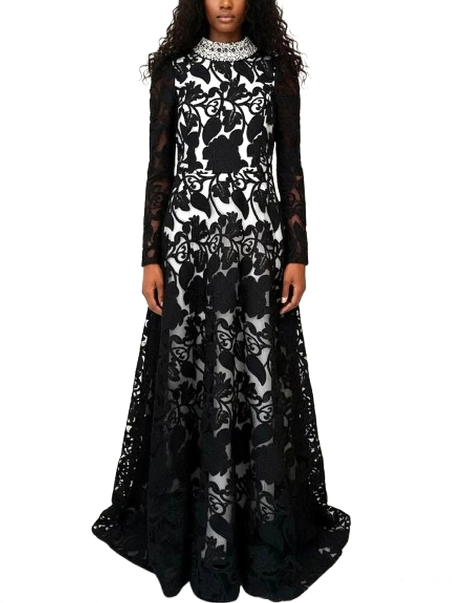 Black Embroidered Lace Gown with Crystal Collar - Dresses