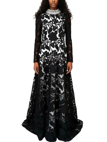 Black Embroidered Lace Gown with Crystal Collar - Dresses
