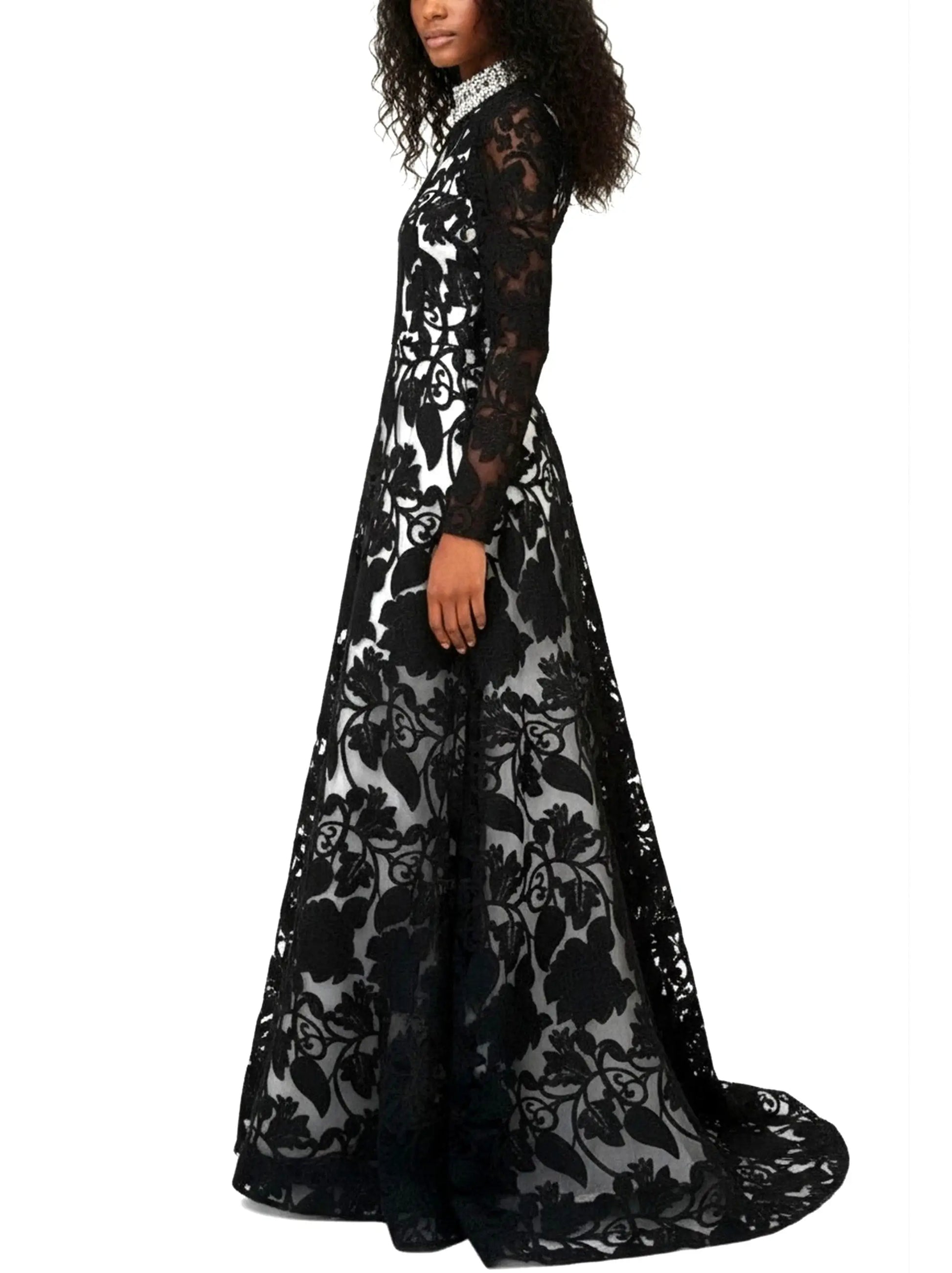 Black Embroidered Lace Gown with Crystal Collar - Dresses
