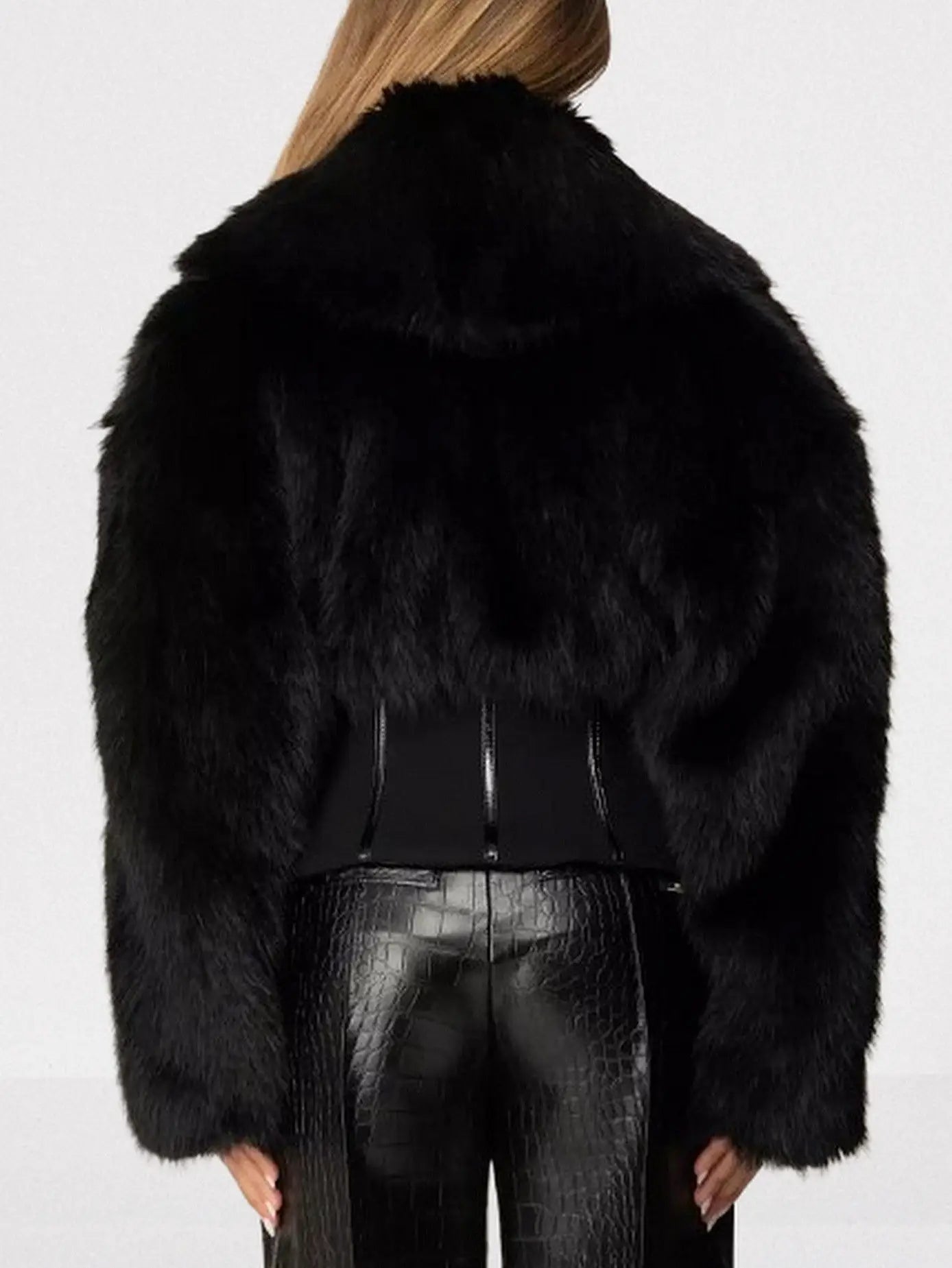 Black Faux-Fur Jacket with Corset Waist - Jackets