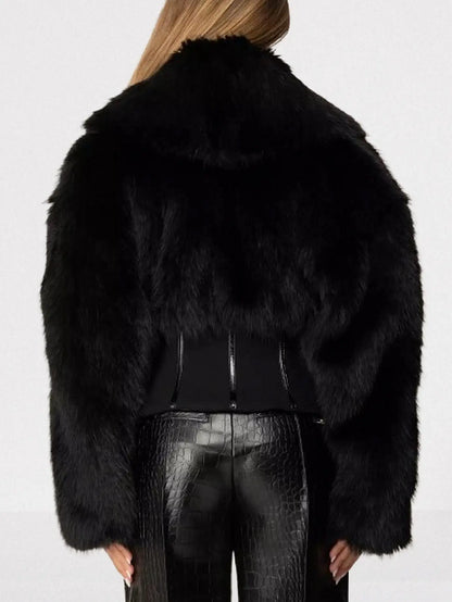 Black Faux-Fur Jacket with Corset Waist - Jackets
