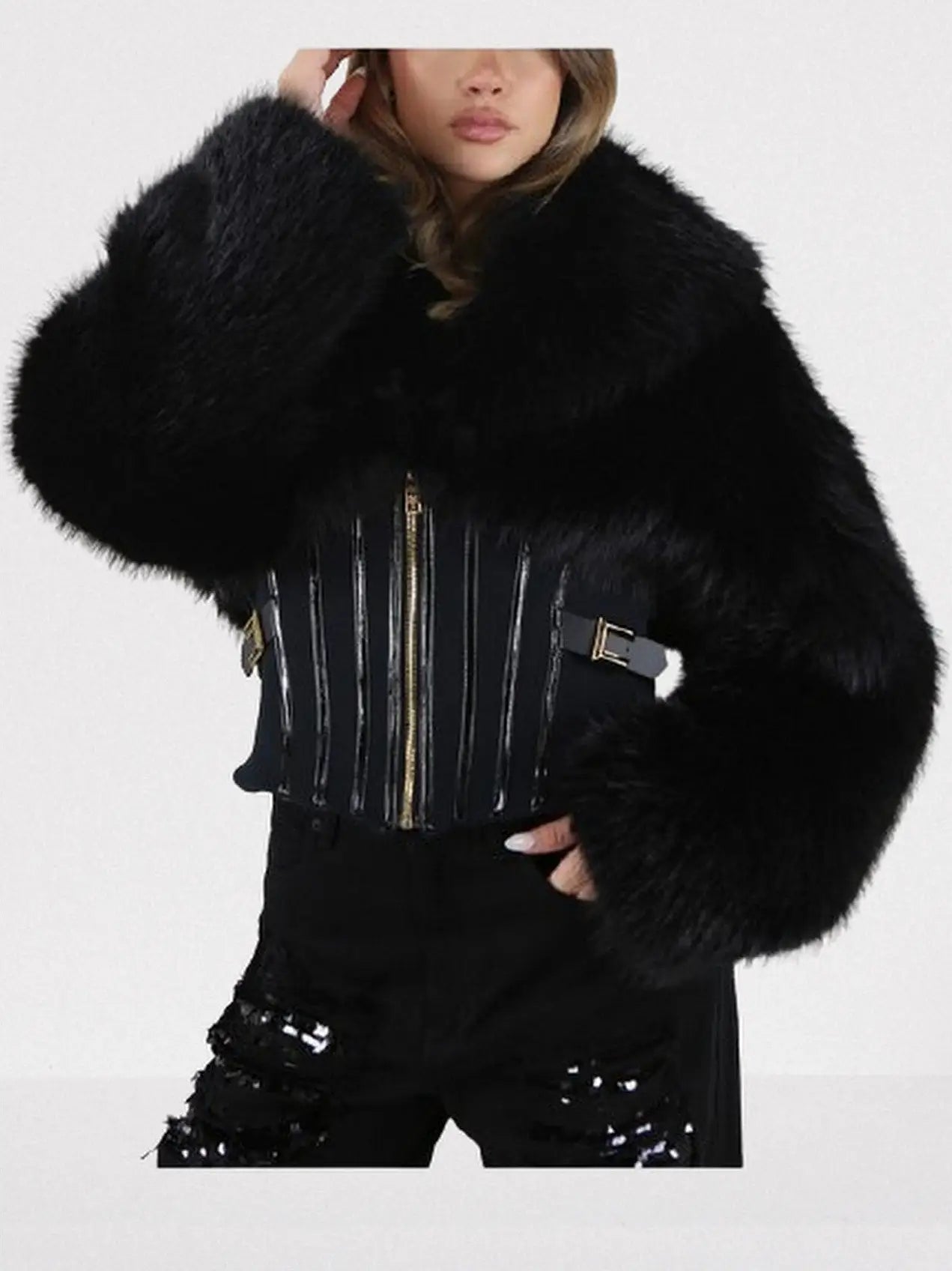 Black Faux-Fur Jacket with Corset Waist - Jackets