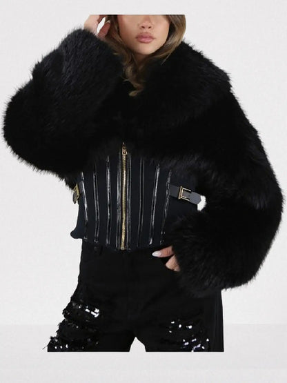 Black Faux-Fur Jacket with Corset Waist - Jackets