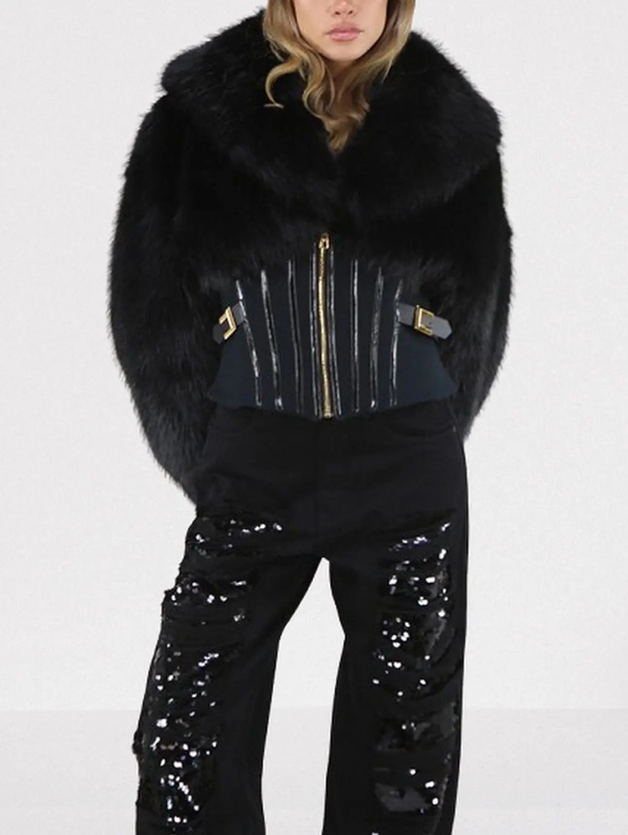 Black Faux-Fur Jacket with Corset Waist - Jackets