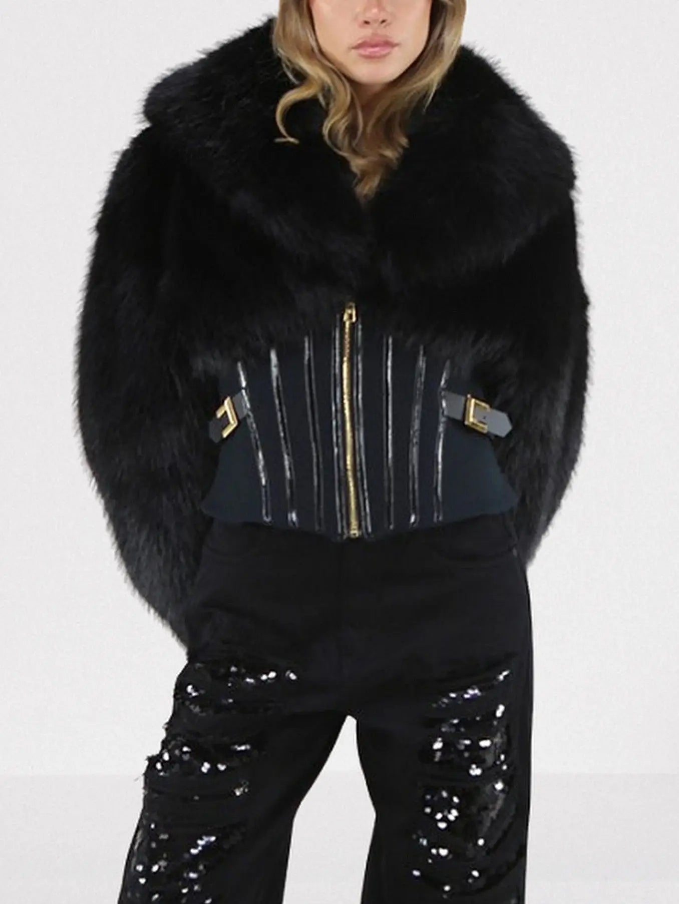 Black Faux-Fur Jacket with Corset Waist - Jackets