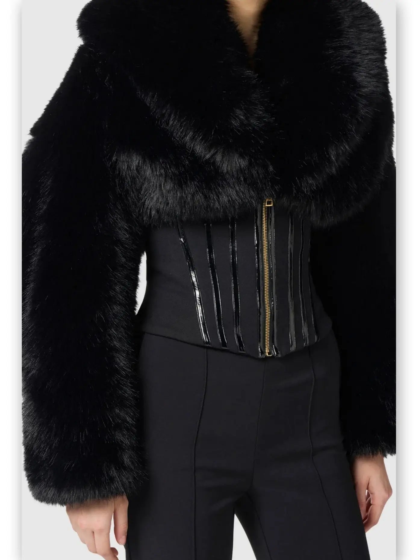 Black Faux-Fur Jacket with Corset Waist - Jackets