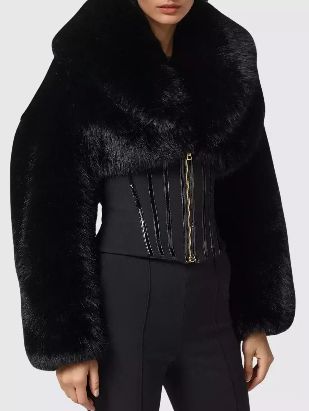 Black Faux-Fur Jacket with Corset Waist - Jackets